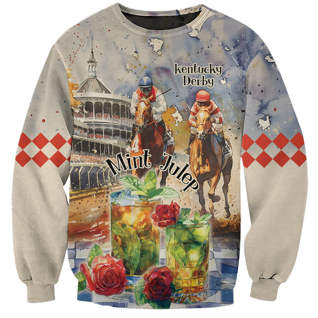 Unisex beige sweatshirt with horse-racing art, mint julep text, roses, and diamond sleeve cuffs