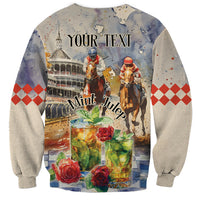 Unisex beige sweatshirt with horse-racing art, Mint Julep graphic, and YOUR TEXT on back