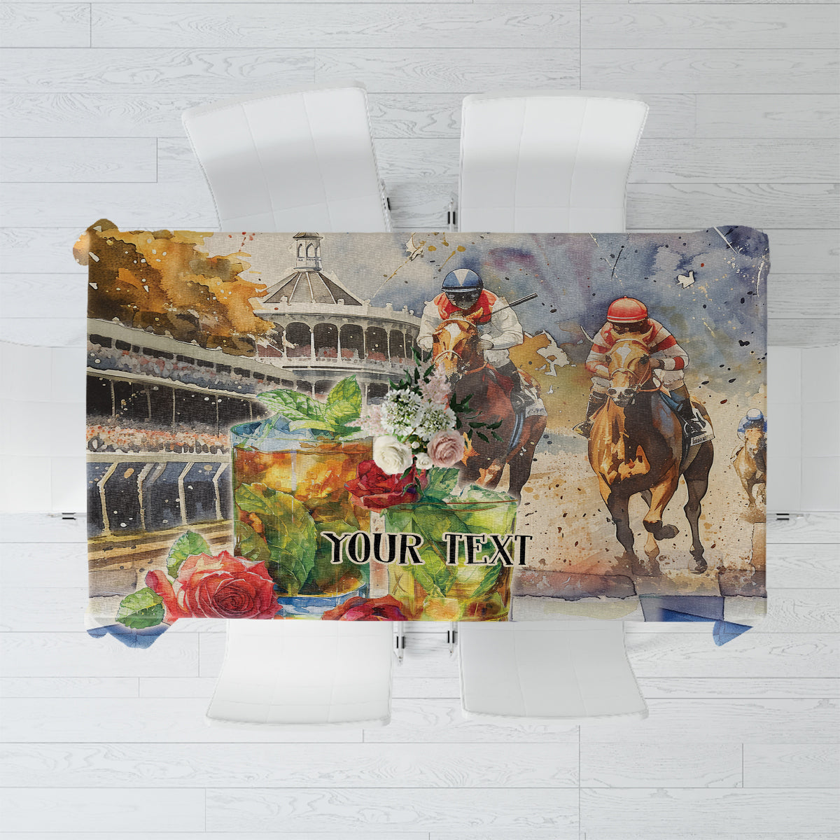 Personalized horse race tablecloth with riders, horses, roses, and 'YOUR TEXT' center