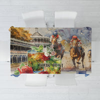 Personalized horse race tablecloth with riders, horses, roses, and 'YOUR TEXT' center