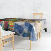 Horse race tablecloth draped on dining table with riders, horses, and roses print