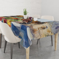 Horse race tablecloth with blue and beige panels and riders print on dining table