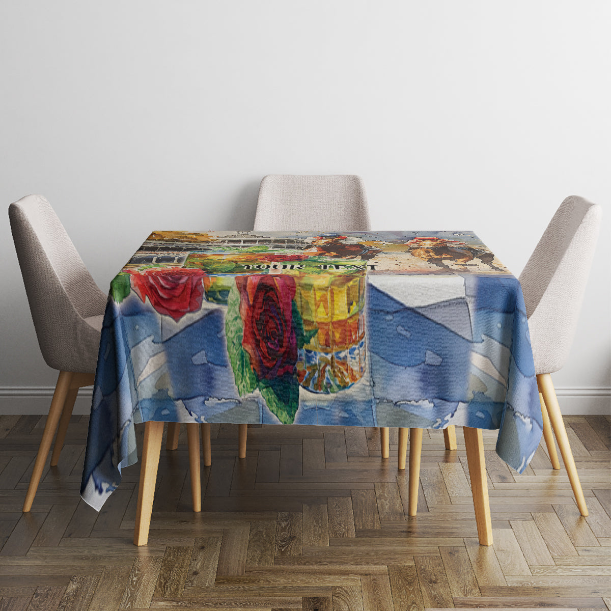 Horse race tablecloth on table with riders, horses, and roses print in front view