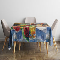 Horse race tablecloth on table with riders, horses, and roses print in front view