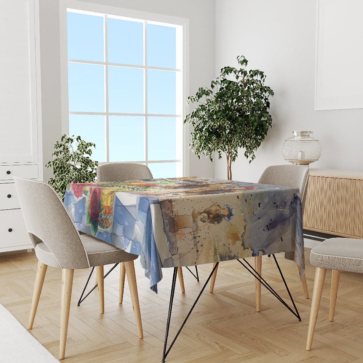 Horse race tablecloth on dining table with multicolor riders and horses