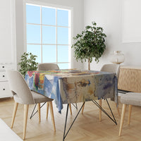 Horse race tablecloth on dining table with multicolor riders and horses