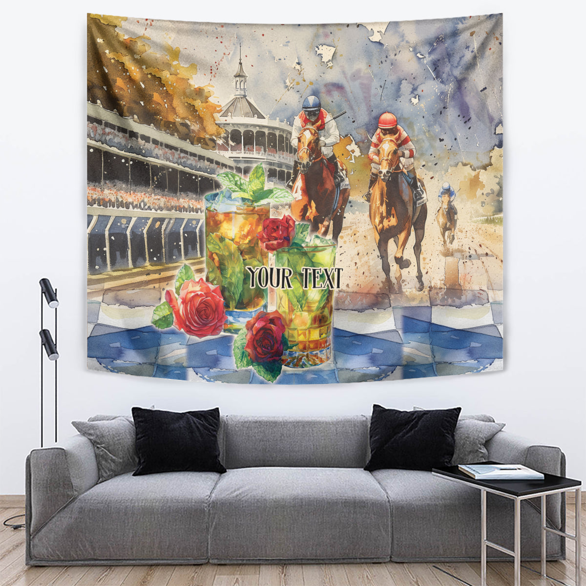 Horse racing wall tapestry with mint julep cup, red roses, horses, racetrack, “YOUR TEXT”