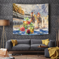 Horse racing tapestry with mint julep cup, red roses, horses in action, “YOUR TEXT”
