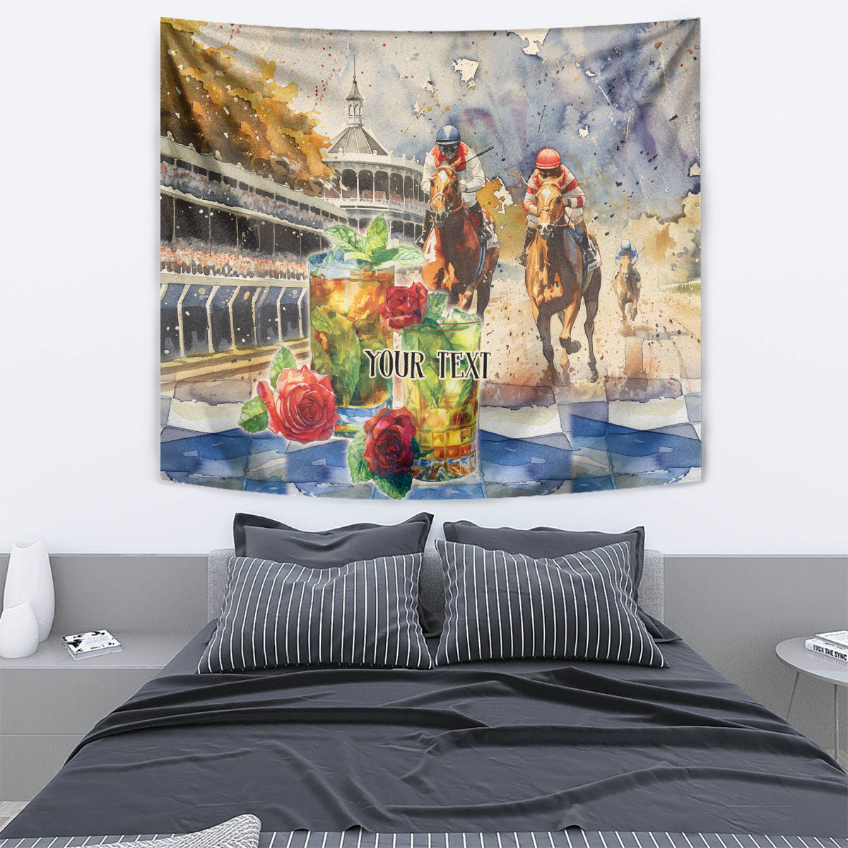 Rectangular horse racing tapestry showing mint julep drink, red roses, riders, and “YOUR TEXT”