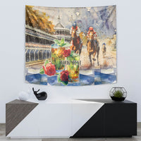 Horse racing tapestry with mint julep cup, red roses, track crowd, horses, “YOUR TEXT”