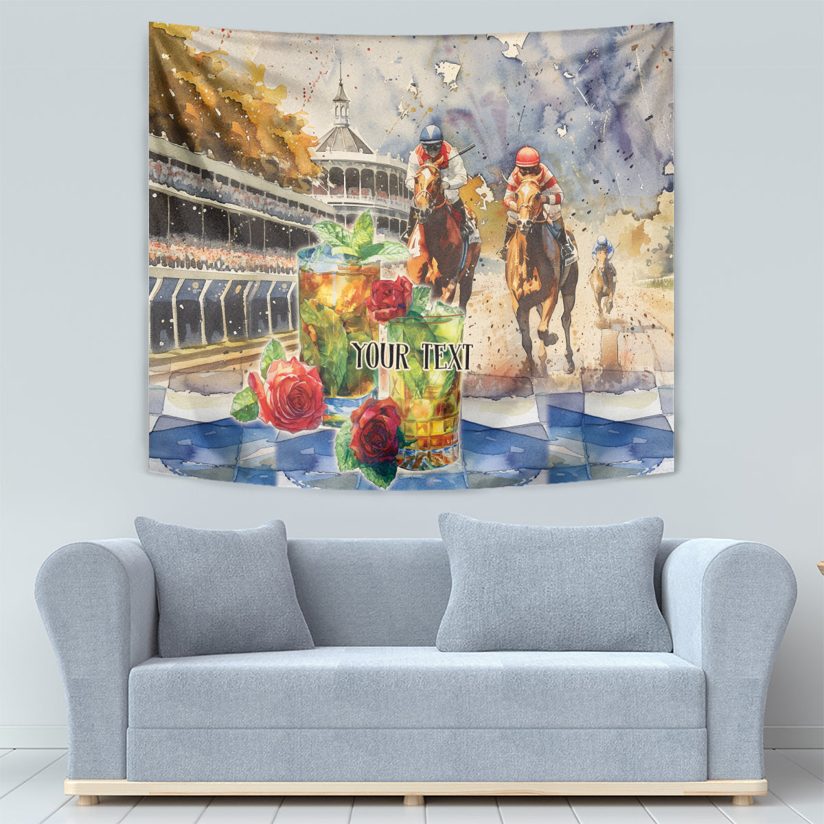 Horse racing wall tapestry featuring mint julep cup, red roses, mounted riders, “YOUR TEXT”