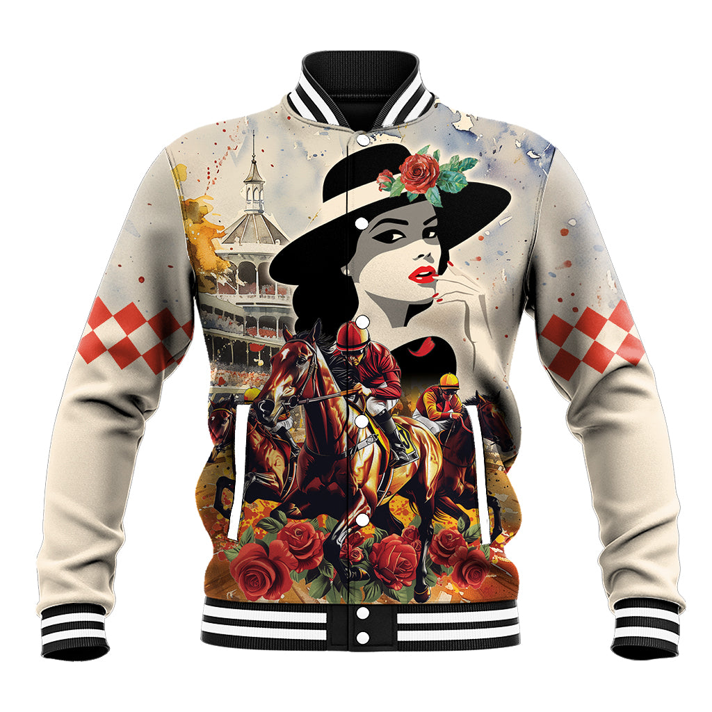 Beige baseball jacket with front portrait graphic, red roses, striped rib-knit collar and cuffs