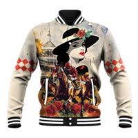Beige baseball jacket with front portrait graphic, red roses, striped rib-knit collar and cuffs