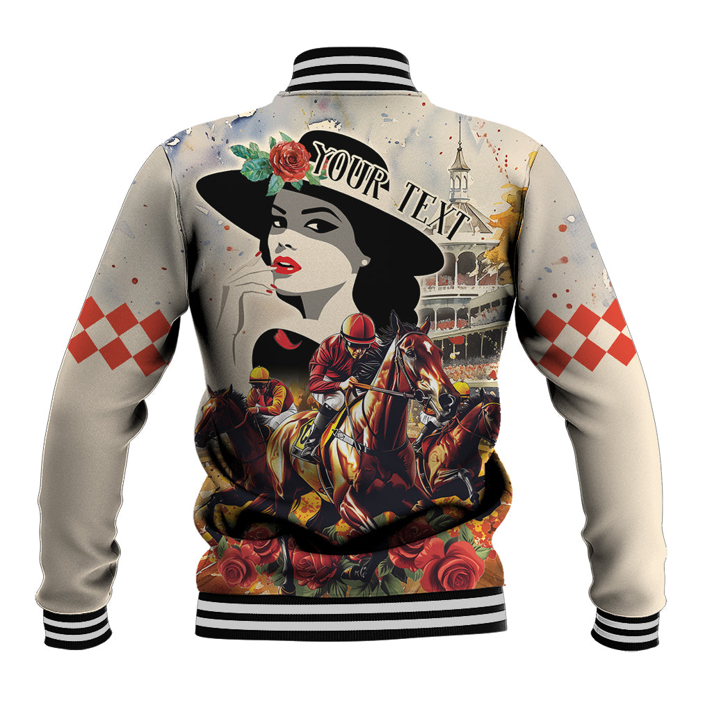 Beige baseball jacket with large back portrait graphic, striped rib-knit collar and cuffs