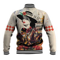 Beige baseball jacket with large back portrait graphic, striped rib-knit collar and cuffs