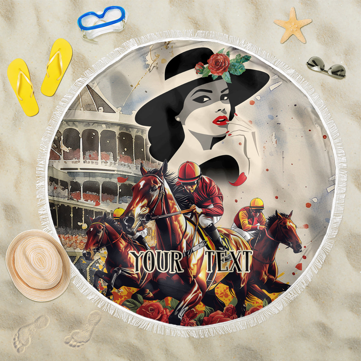Round beige beach blanket with printed derby rider and horses, white fringed edge