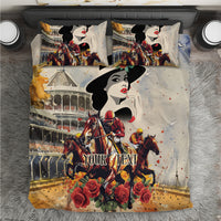 Personalized bedding set close-up: derby scene, portrait face, roses, and “YOUR TEXT”