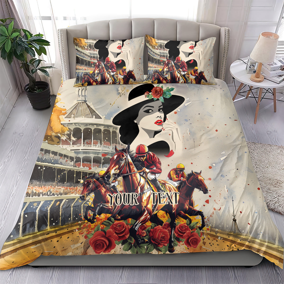 Beige personalized ladies bedding set with derby horse rider, roses, and “YOUR TEXT”