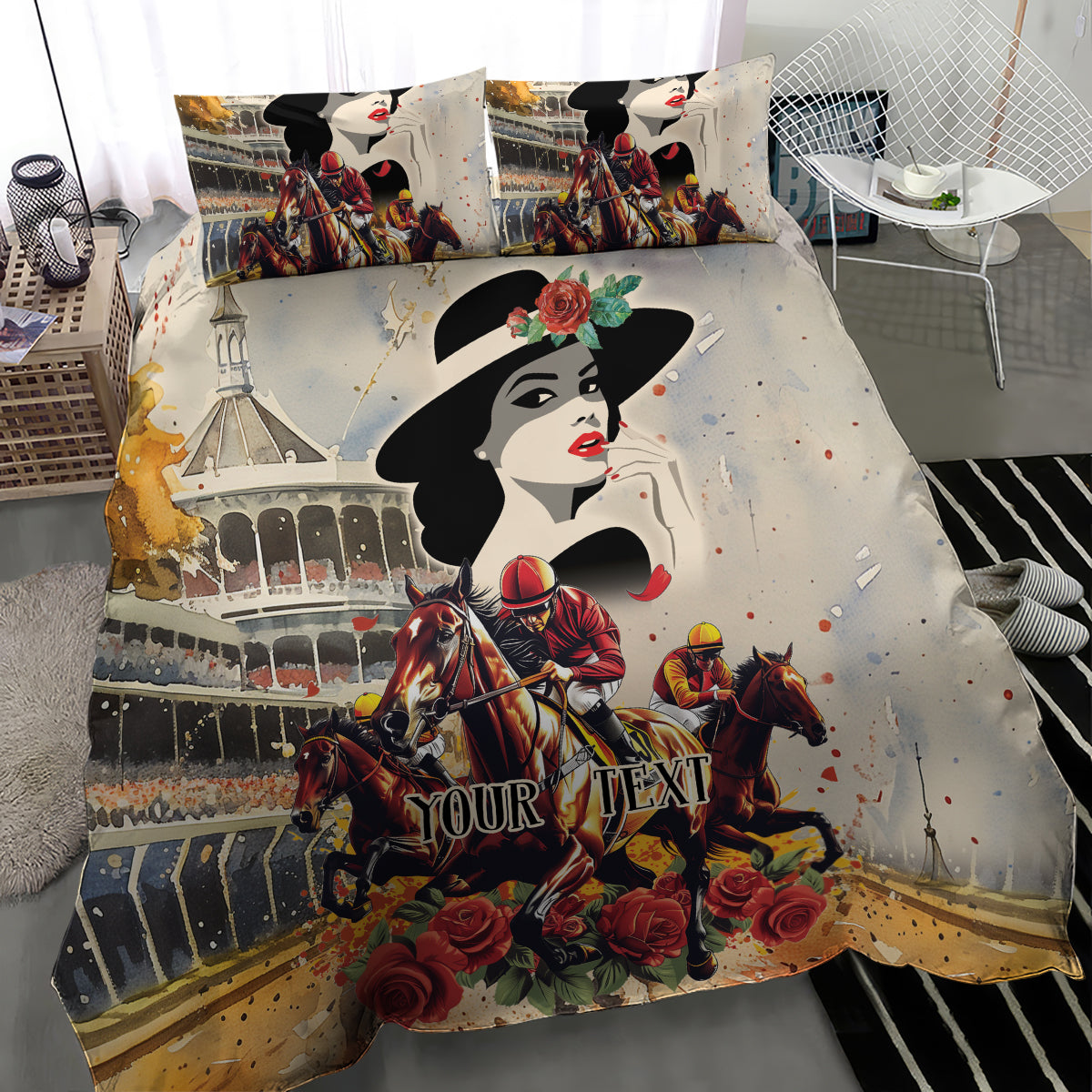 Beige personalized bedding set showing derby rider scene, roses, and “YOUR TEXT”