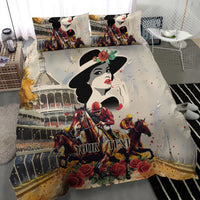 Beige personalized bedding set showing derby rider scene, roses, and “YOUR TEXT”