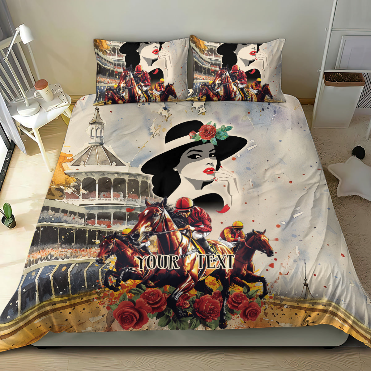 Personalized ladies bedding set with derby riders, roses border, and “YOUR TEXT”