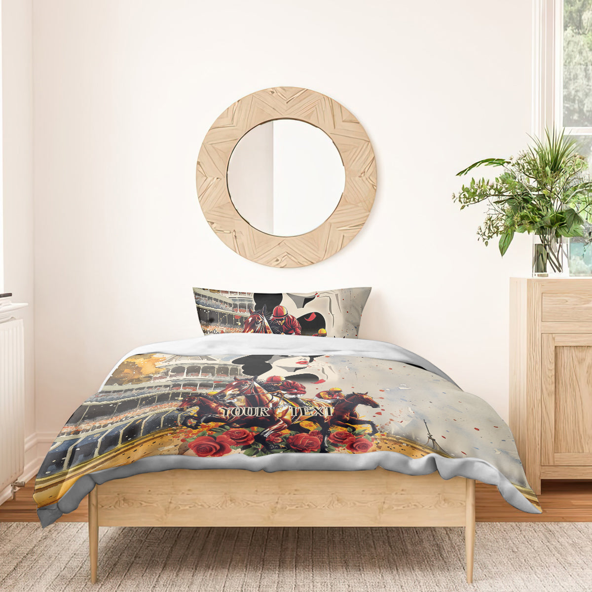 Beige personalized bedding set with derby horse riders, roses, and centered “YOUR TEXT”