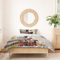 Beige personalized bedding set with derby horse riders, roses, and centered “YOUR TEXT”