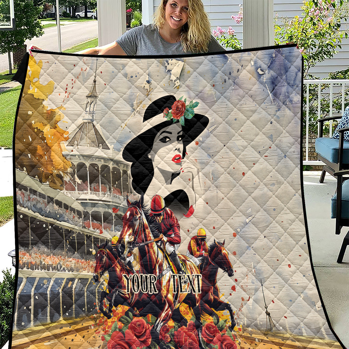 Personalized derby quilt with hat-woman portrait, roses, and 'YOUR TEXT' print