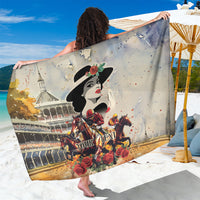 Beige ladies sarong with derby graphic of jockey, roses, and horses