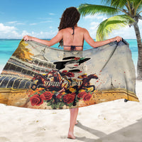 Beige ladies sarong held out, derby graphic with jockey, horses, roses, and text