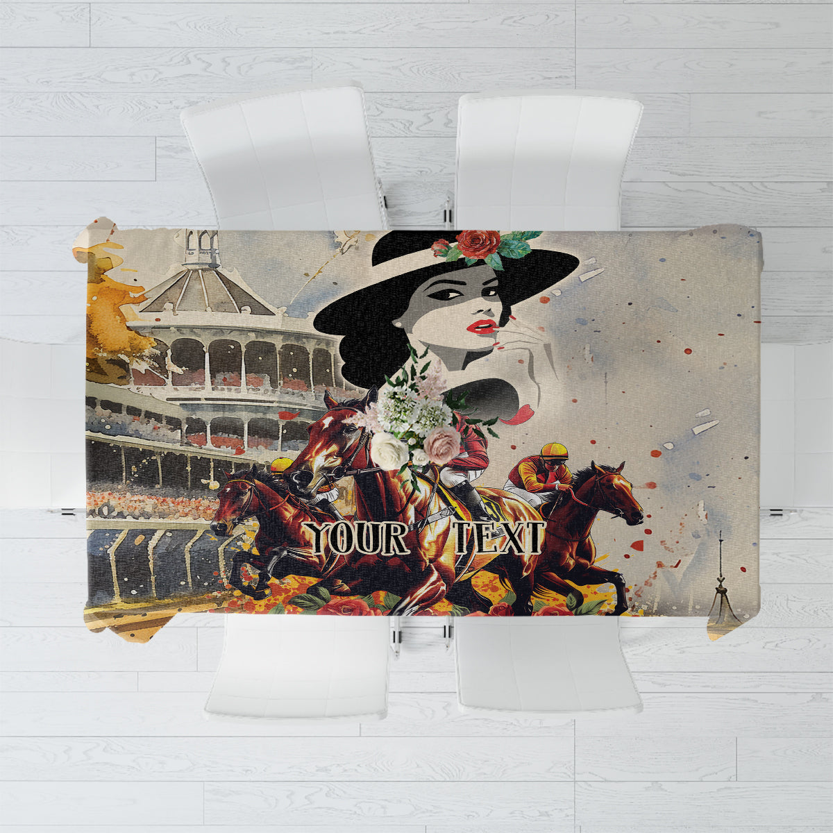 Personalized beige tablecloth with horse-racing mural and custom text centerpiece