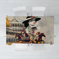 Personalized beige tablecloth with horse-racing mural and custom text centerpiece
