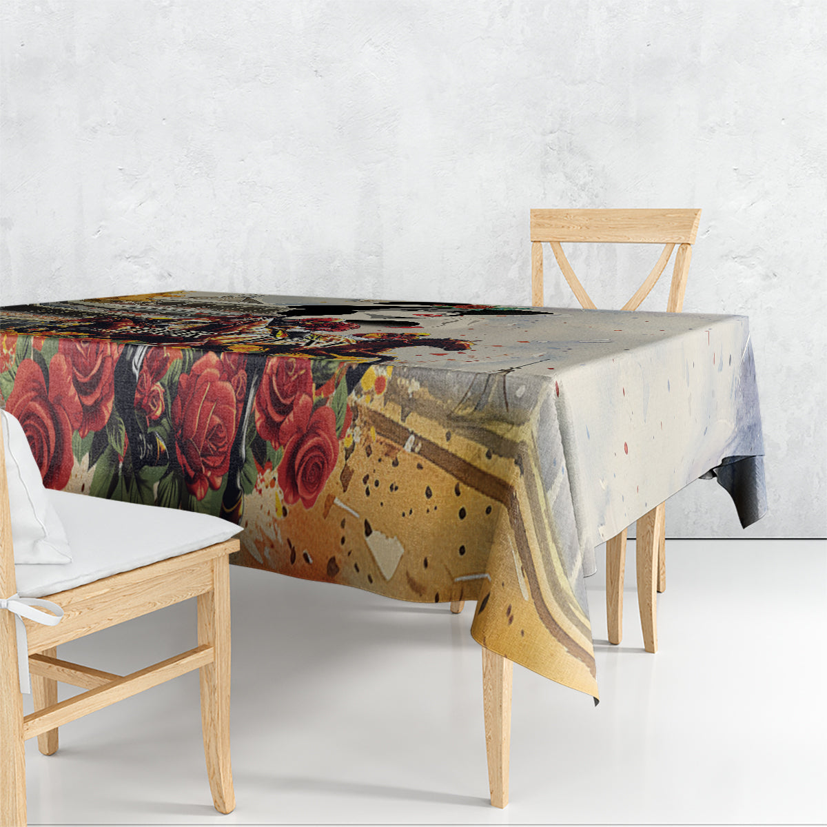 Personalized tablecloth draped on table corner, showing floral and racing scene print
