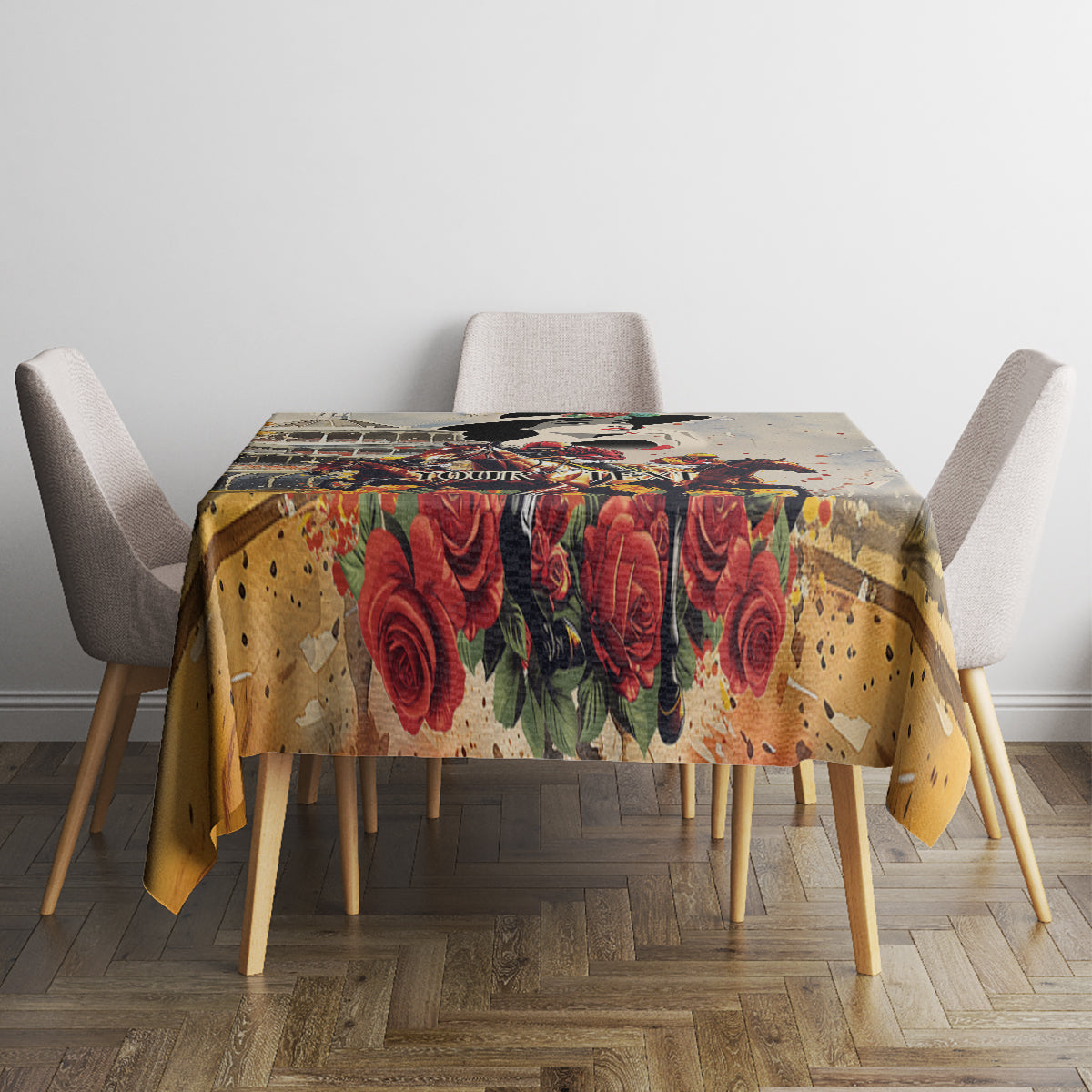 Personalized beige tablecloth with roses and racing artwork on dining table and chairs