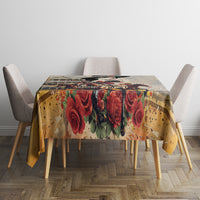 Personalized beige tablecloth with roses and racing artwork on dining table and chairs