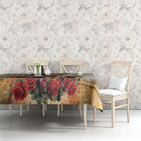 Personalized beige tablecloth with roses and racing print on dining table