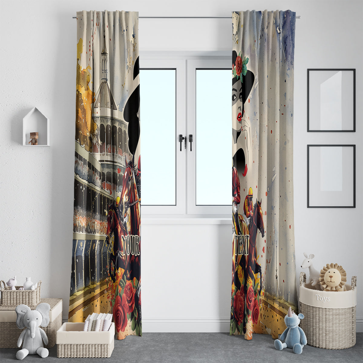 Beige window curtain panels with derby jockey, horse and rose design