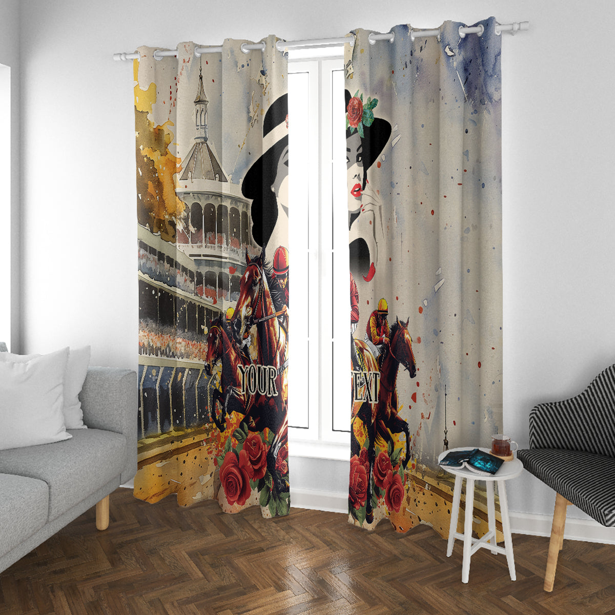 Beige window curtain panels with jockey and horse art and custom text