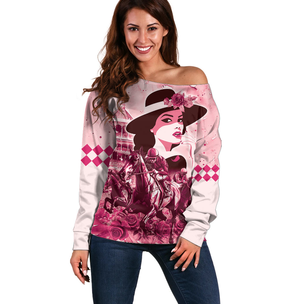 Personalized Kentucky Ladies Off Shoulder Sweater The Run For The Roses Derby - Pink Out - Wonder Print Shop