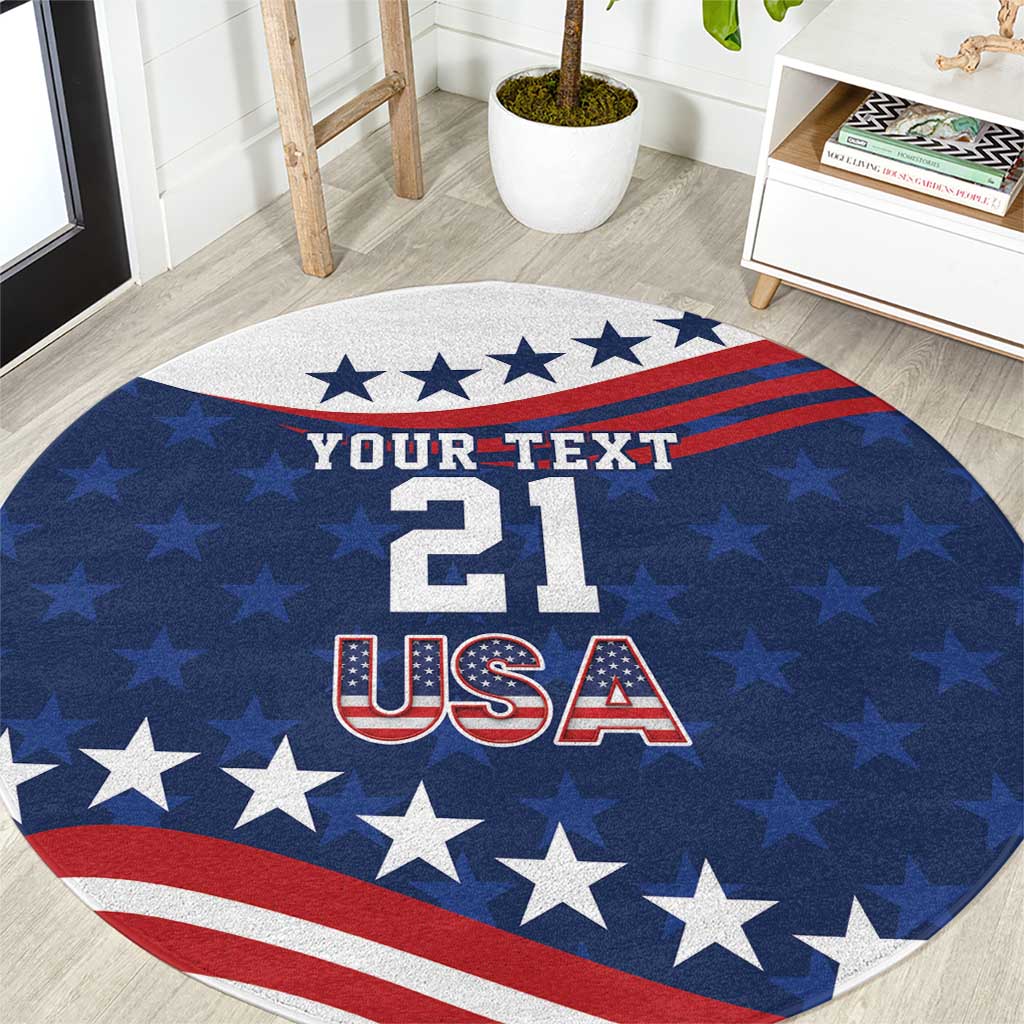 Round area rug with blue stars, red stripes, and custom text '21 USA'