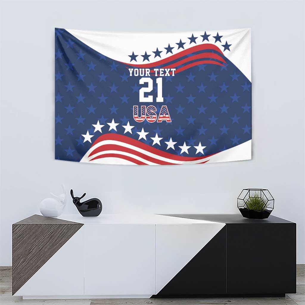 Blue and red-white custom tapestry with 'YOUR TEXT 21 USA' star and stripe graphics