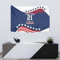 Blue and red-white custom tapestry with 'YOUR TEXT 21 USA' star and stripe graphics