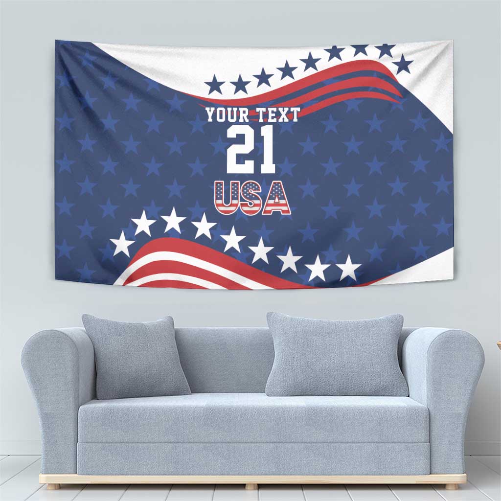 Blue custom wall tapestry with 'YOUR TEXT 21 USA' and sweeping red-white stripes