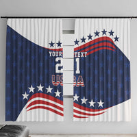 Patriotic USA window curtain panels with blue stars and red-white stripes, folded pleats