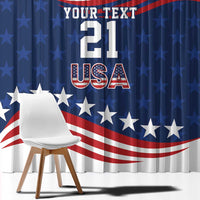 Close-up of USA-themed window curtain fabric with large “21” and stars-and-stripes design