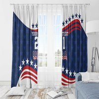 USA graphic window curtain set with blue stars and red-white stripes, pleated header and tassels
