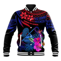 Baseball jacket, black with blue/red tribal print, striped rib collar and cuffs.