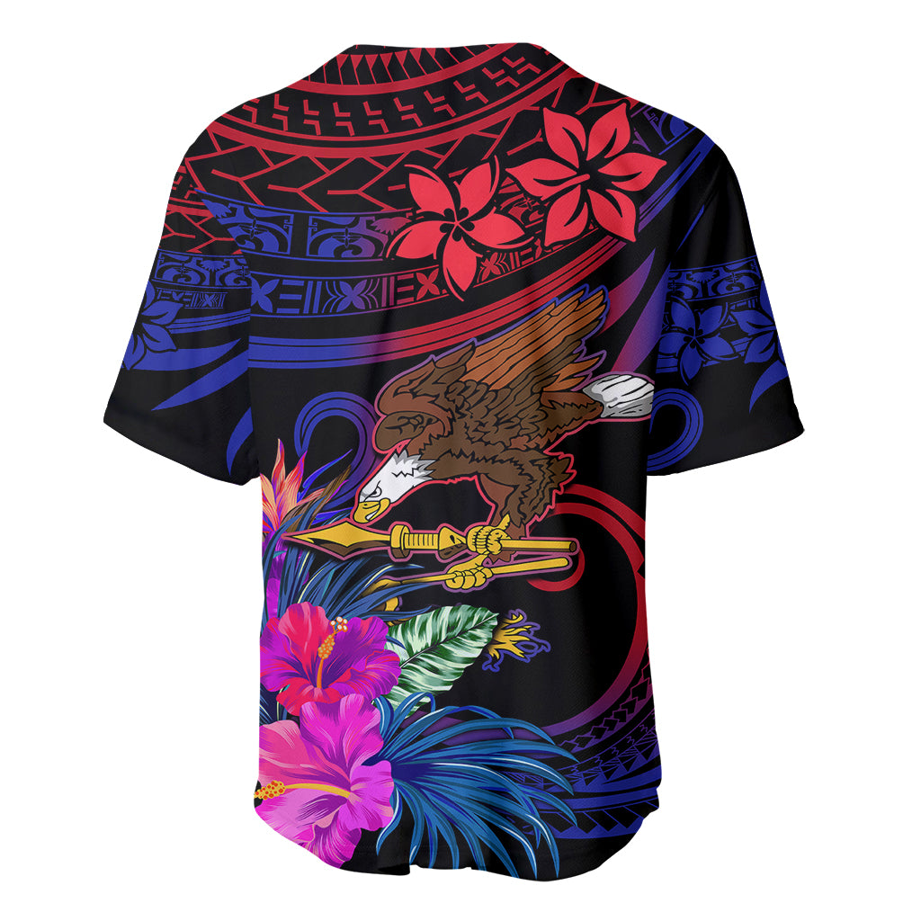 Baseball jersey back view, blue and red Polynesian tribal pattern with hibiscus and crossed weapons
