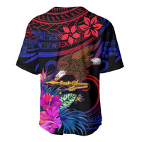 Baseball jersey back view, blue and red Polynesian tribal pattern with hibiscus and crossed weapons