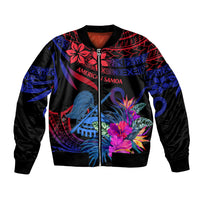 Unisex bomber jacket with zip front, black and blue gradient, Polynesian floral tribal print